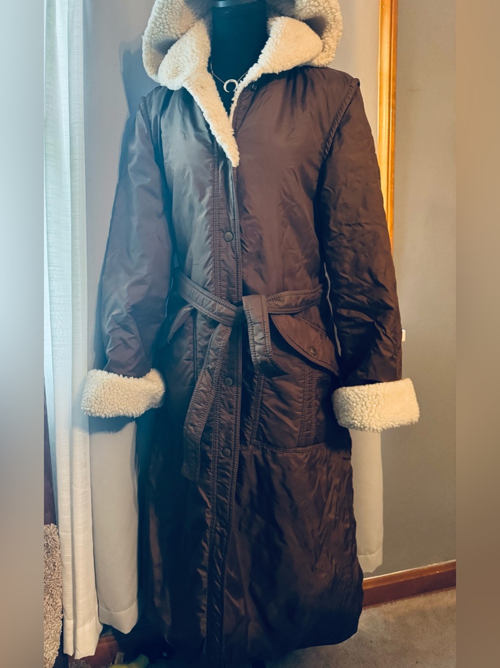 Vintage 1970’s White Stag Brown Trench Coat with Cream Faux-Shearling Trim
